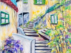charming village pathway painting colorful home Stunning Charming Village Pathway Painting, perfect for adding vibrant beauty to your home decor.