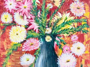 Vibrant floral art print featuring bright flowers on a textured red background, perfect for home decor.