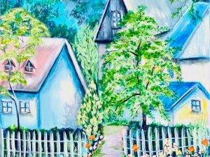 Stunning Vibrant Garden Landscape Painting showcasing a serene home surrounded by lush greenery and colorful flowers.