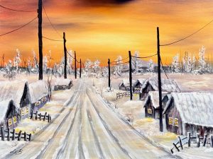 Warm Winter Village Landscape with Orange Sunset, a stunning painting for cozy home decor.