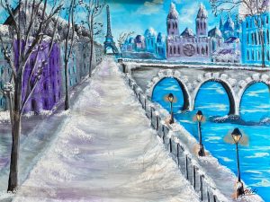 charming paris winter landscape painting eiffel Stunning Paris winter landscape painting featuring the Eiffel Tower and Seine River, perfect for home decor.