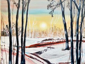 Stunning winter sunset forest art print capturing tranquil beauty and serene elegance.