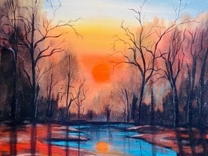 Beautiful serene sunset landscape painting showcasing a tranquil river and radiant sun, perfect for home decor.