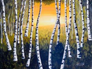 Stunning Birch Forest Sunset Wall Art showcasing slender trees and vibrant sunset colors, perfect for home décor.