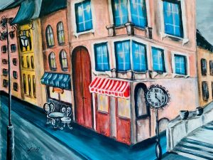 Artistic Café Street Scene painting with vibrant colors and intricate details on canvas, perfect for home décor.