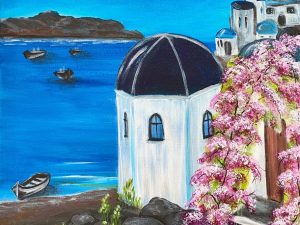 Stunning Mediterranean coastal painting showcasing vibrant colors and beautiful scenery, perfect for elegant home decor.