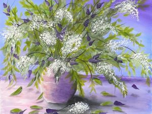 Elegant floral canvas art featuring white flowers and green leaves, perfect for home decor.