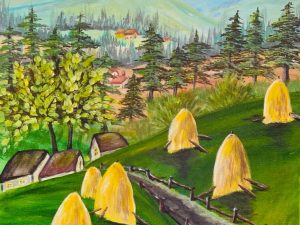 Beautiful serene mountain landscape art showcasing lush greens and warm yellows, perfect for home decor.