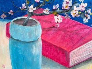 Stunning artistic blossom in blue vase, perfect for home decor and adding elegance to any space.