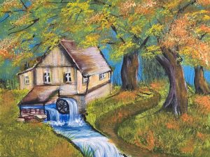 Stunning rustic watermill art featuring vibrant autumn colors and serene landscapes, perfect for home decor.