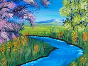 Beautiful serene landscape painting featuring a river and blooming flowers, perfect for home decor.