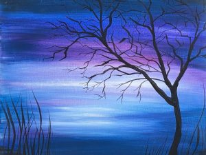 Stunning mystical twilight landscape painting featuring a silhouette tree, perfect for home decor and creating tranquility.