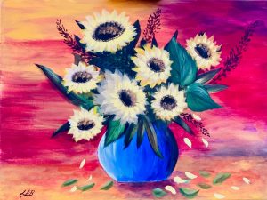 Stunning sunflower vase painting, perfect for home decor, enhancing any room with vibrant colors and warmth.