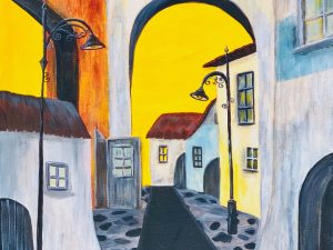 vibrant village pathway artwork for home Vibrant Village Pathway Artwork capturing serene beauty and tranquility, perfect for home decor.