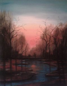 Beautiful Forest Sunset Painting showcasing reflective water and silhouetted trees in an impressionistic style.