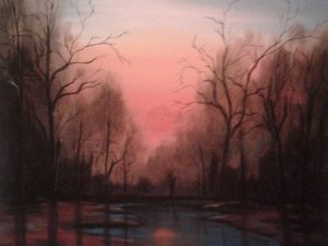 Beautiful Forest Sunset Painting showcasing reflective water and silhouetted trees in an impressionistic style.